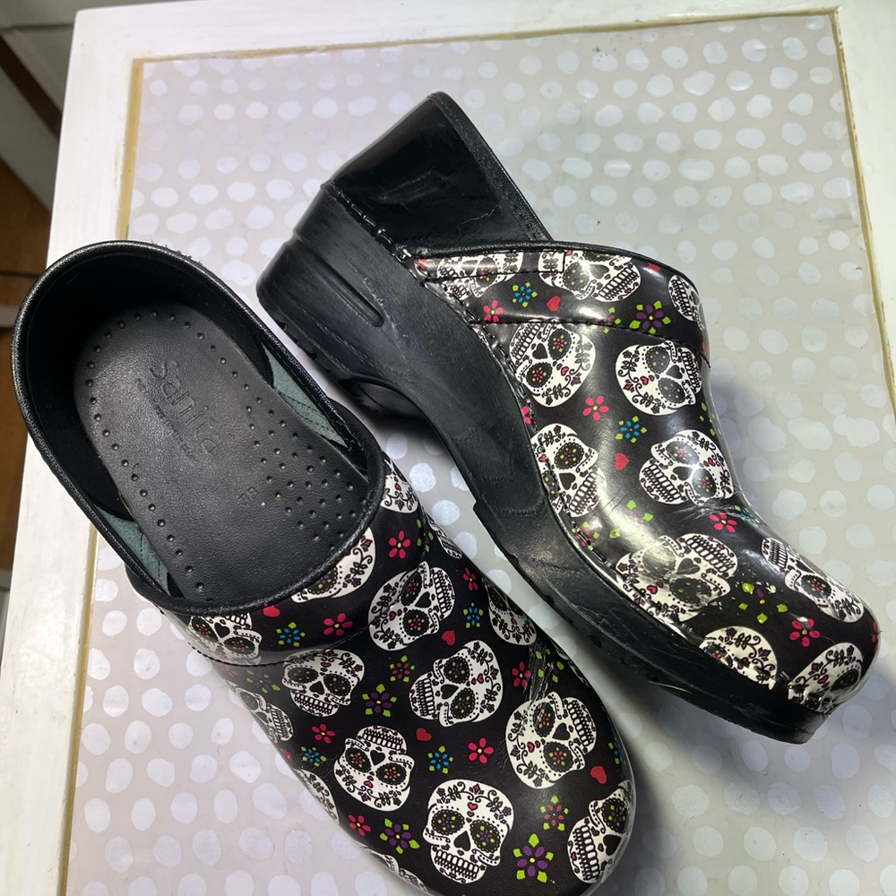 Sanita Black Skull Pattern Mules